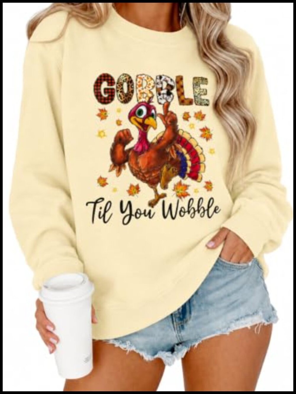 Thanksgiving Gobble Til You Wobble Turkey Graphic Sweatshirt Long Sleeve
